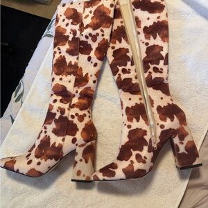 Public Desire Brown and Cream Patterned Heeled Boots
